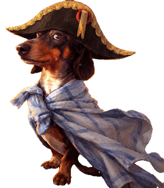 Bonapawte, a dachshund in a gold-trimmed bicorne hat and a blue striped cape