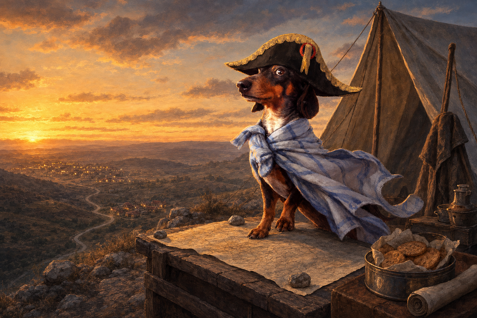 Bonapawte stands on a map-covered crate beside a tent and a biscuit tin, overlooking a valley at sunset